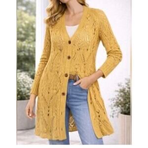 Sundance Autumn Light Silk Blend Pointelle Duster Cardigan Mustard Longline M